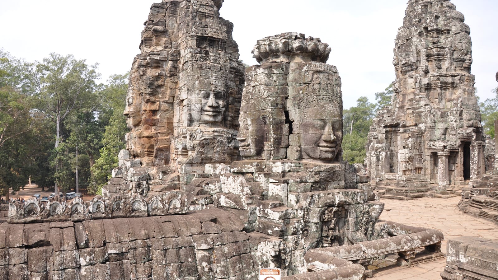 Carved stone faces on the towers of the Bayon temple at Angkor Thom, Cambodia