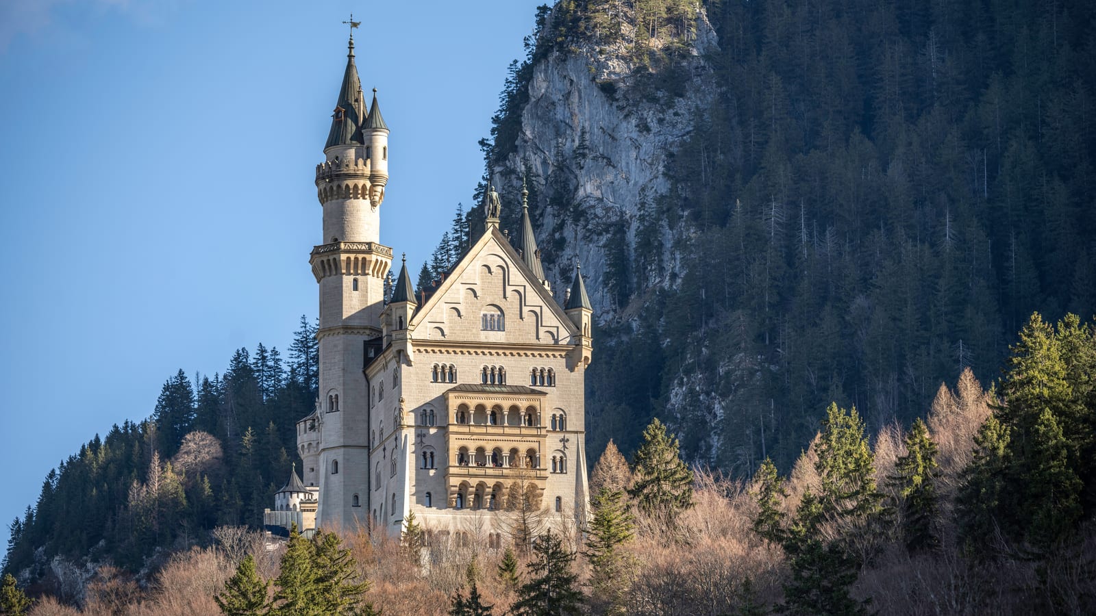 Neuschwanstein Castle on its wooded hillside in the Bavarian Alps, Germany