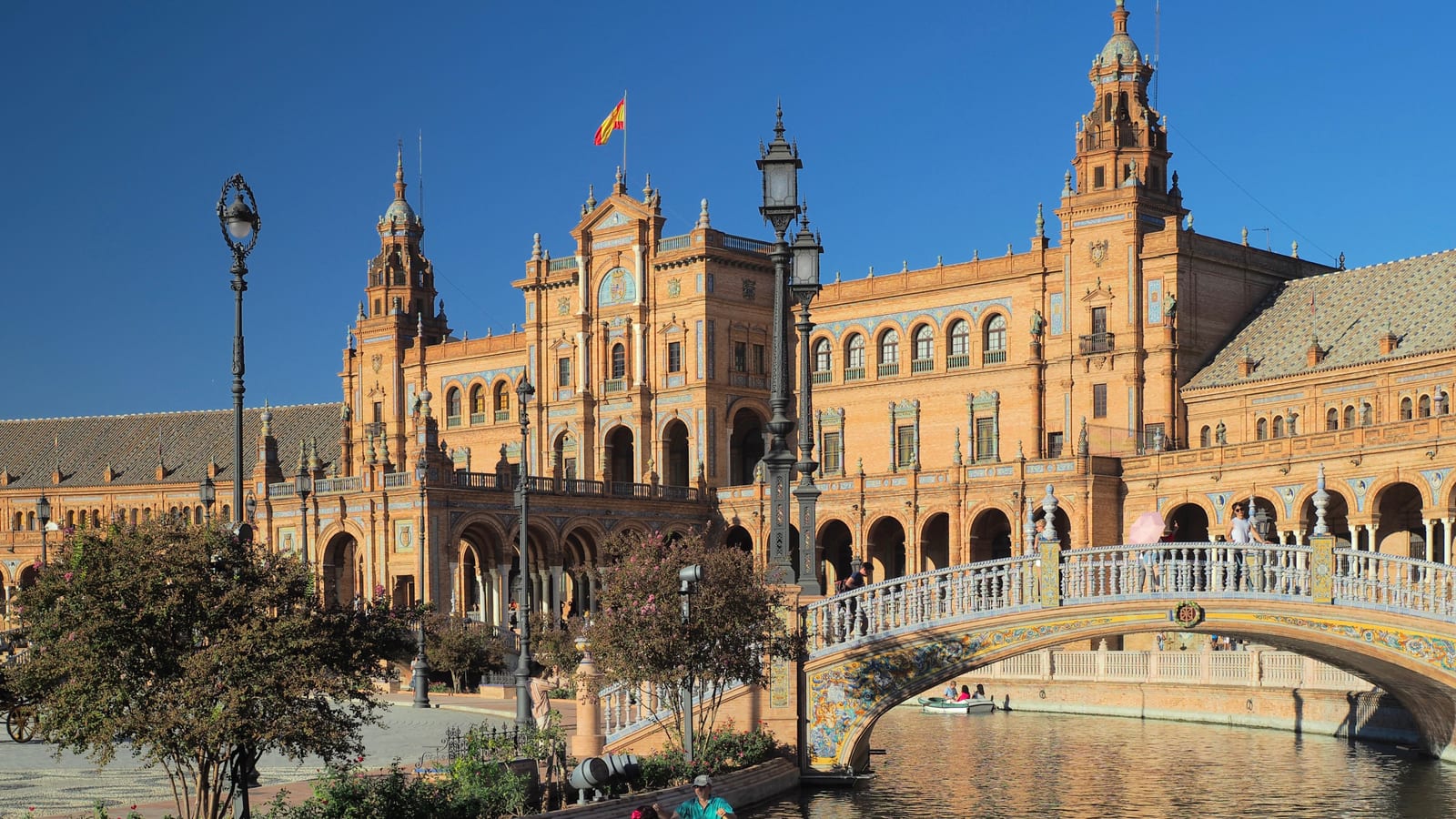 The brick pavilion and canal of the Plaza de España, Seville, Spain